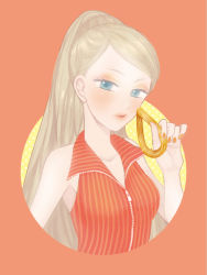 Rule 34 | 1girl, blue eyes, churro, high ponytail, honey churro, jojon, light brown hair, long hair, looking at viewer, mister donut, nail polish, orange nails, parted lips, personification, simple background, sleeveless, solo, upper body, very long hair