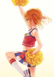 Rule 34 | 1girl, alternate hairstyle, bare shoulders, bike shorts, brown eyes, cheerleader, clothes writing, commentary request, cowboy shot, crop top, gradient background, hair ribbon, highres, idolmaster, idolmaster cinderella girls, idolmaster cinderella girls starlight stage, kneehighs, leg up, midriff, orange hair, parted lips, pom pom (cheerleading), profile, ribbon, shoes, shorts, shorts under skirt, sidelocks, skirt, sneakers, socks, solo, sweat, takanashi, twintails, yuuki haru