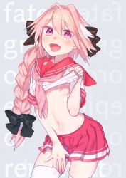 Rule 34 | 1boy, astolfo (fate), astolfo (sailor paladin) (fate), bad id, bad twitter id, braid, clothes lift, fang, fate/grand order, fate (series), highres, long hair, male focus, midriff, navel, nipples, official alternate costume, open mouth, pink hair, purple eyes, school uniform, serafuku, shirt lift, single braid, smile, solo, trap
