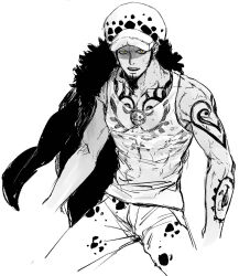 Rule 34 | 1boy, abs, arm tattoo, cape, chest tattoo, chief (chiefvinsmoke), cropped arms, cropped legs, denim, earrings, facial hair, fur cape, fur hat, goatee, hat, jeans, jewelry, long sideburns, looking at viewer, male focus, monochrome, nipples, one piece, pants, pectorals, see-through, shirt, short hair, shoulder tattoo, sideburns, simple background, sketch, solo, spot color, tank top, tattoo, teeth, trafalgar law, v-shaped eyebrows, wet, wet clothes, wet shirt, white background, yellow eyes