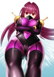 Rule 34 | 1girl, alternate costume, armor, ass, bodysuit, breasts, cosplay, covered erect nipples, covered navel, crossed arms, fate/grand order, fate (series), female focus, g gundam, gundam, half mask, highres, kame kame happa, large breasts, long hair, looking at viewer, mask, mobile trace suit, mouth mask, pauldrons, pink bodysuit, purple hair, rain mikamura, rain mikamura (cosplay), red eyes, scathach (fate), shoulder armor, skin tight, solo