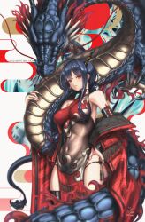 Rule 34 | 1girl, 2024, absurdres, arknights, bare shoulders, blue hair, ch&#039;en (arknights), china dress, chinese clothes, covered navel, dragon, dragon girl, dragon horns, dragon print, dragon tail, dress, eastern dragon, elbow gloves, fur-tipped tail, gloves, hand on own hip, happy new year, highres, horns, long hair, massabou2, new year, pelvic curtain, red dress, side slit, sleeveless, sleeveless dress, tail