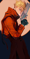 Rule 34 | 1boy, agl arms .45 long colt, black gloves, blonde hair, blowing bubbles, blue eyes, break-action revolver, chewing gum, coat, cowboy shot, gloves, gun, hand up, handgun, holding, holding gun, holding weapon, long coat, long sleeves, looking at viewer, low bore axis revolver, male focus, partially fingerless gloves, profile, red coat, revolver, saeldam, solo, spiked hair, spotlight, standing, trigun, vash the stampede, weapon