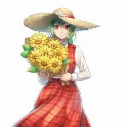 Rule 34 | 1girl, backlighting, bouquet, collared shirt, colored eyelashes, cowboy shot, fingernails, flower, green hair, hat, hat flower, hat ribbon, highres, kazami yuuka, long skirt, long sleeves, looking at viewer, nail polish, open clothes, open skirt, outline, pink nails, plaid, plaid skirt, plaid vest, raito (latek), red eyes, red ribbon, red skirt, red vest, ribbon, shiny clothes, shirt, short hair, simple background, skirt, skirt set, smile, solo, straw hat, touhou, vest, wavy hair, white background, white shirt, wind
