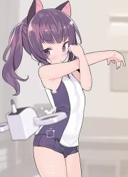 Rule 34 | 1girl, animal ears, armpits, black shorts, blade (galaxist), cat ears, character request, copyright request, cowboy shot, drone, kemonomimi mode, long hair, looking at viewer, purple eyes, purple hair, shirt, short shorts, shorts, sleeveless, sleeveless shirt, solo, stretching, white shirt