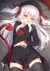 Rule 34 | 1girl, beret, black serafuku, black skirt, blush, borrowed character, commentary request, dark persona, demon tail, evo grim, hair ribbon, hat, heart, heart-shaped pupils, highres, long hair, looking at viewer, lying, navel, on back, original, parted lips, pleated skirt, quiz magic academy, red eyes, red neckwear, red ribbon, revision, ribbon, school uniform, serafuku, shimotsuki potofu, sidelocks, skirt, sleeves past wrists, smile, solo, suggestive fluid, sweat, symbol-shaped pupils, tail, thighhighs, tomifumi, two side up, very long hair, white hair, zettai ryouiki