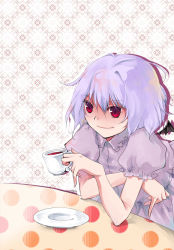Rule 34 | 1girl, dress, drink, expressionless, female focus, holding, light purple hair, miyoochi, puffy short sleeves, puffy sleeves, purple dress, red eyes, remilia scarlet, saucer, shaded face, short hair, short sleeves, solo, steam, table, tea, touhou, upper body