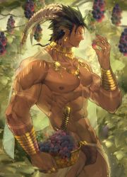 Rule 34 | 1boy, abs, armband, bara, collar, ear piercing, earrings, food, forest, fruit, fundoshi, grapes, highres, horns, japanese clothes, jewelry, knife, large pectorals, leaf, long sideburns, male focus, manly, muscular, muscular male, nature, navel, navel hair, nikism, nipples, original, ornament, pectoral cleavage, pectorals, piercing, pointy ears, ring, scar, scar on face, sideburns, solo, tattoo, thick arms, veins