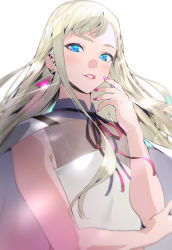 Rule 34 | 1girl, blonde hair, blue eyes, breasts, capelet, dress, earrings, gigi andalusia, gundam, gundam hathaway&#039;s flash, hair behind ear, ikuchan kaoru, jewelry, long hair, nail polish, parted lips, red lips, red nails, solo, white background, white capelet, white dress