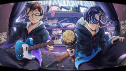 Rule 34 | 2boys, aiming, aiming at viewer, bass guitar, black-framed eyewear, black pants, blue hair, book, bow, brown hair, cluseller, cork, cork gun, crossed legs, curtains, drawstring, english text, fang, finger on trigger, fisheye, flame print, funaemon (utaite), glasses, grin, hair over one eye, half-closed eyes, hand up, hands up, happy, heart, highres, holding, holding instrument, holding weapon, hood, hooded sweater, hoodie, illuminati, indie utaite, indoors, instrument, knee up, looking at viewer, male focus, multicolored clothes, multicolored hair, multicolored hoodie, multiple boys, neon lights, pants, paper, picture frame, pin, purple eyes, purple hair, pyramid (structure), red bow, roki (vocaloid), same (utaite), semi-rimless eyewear, shark, shelf, ship, short hair, sitting, smile, speech bubble, streaked hair, stuffed animal, stuffed shark, stuffed toy, sweater, tape, target, teeth, utaite, vocaloid, watercraft, weapon, yellow eyes