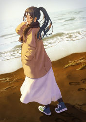 Rule 34 | 1girl, bad id, bad pixiv id, beach, beige coat, black scarf, blue hair, coat, commentary, converse, dark blue hair, from behind, full body, green footwear, hand in pocket, hand up, highres, long hair, long skirt, looking at viewer, looking back, love live!, love live! sunshine!!, matsuura kanan, open mouth, pantyhose, papi (papiron100), ponytail, purple eyes, scarf, shoes, signature, skirt, smile, sneakers, solo, sunset, teeth, translated, upper teeth only, white skirt