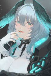 Rule 34 | 1girl, aqua eyes, aqua nails, aqua wings, arknights, between breasts, black coat, breasts, coat, commentary, dress, english commentary, feathered wings, finger to mouth, fingerless gloves, gloves, grey hair, hair between eyes, head wings, ho&#039;olheyak (arknights), infection monitor (arknights), large breasts, looking at viewer, medium hair, nail polish, open mouth, sidelocks, solo, strap between breasts, sy509, two-tone wings, white gloves, wings