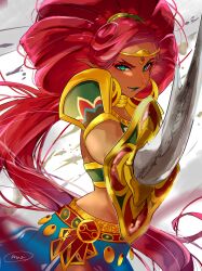 Rule 34 | 1girl, absurdres, circlet, closed mouth, commentary, dark-skinned female, dark skin, earrings, english commentary, eyeshadow, floating hair, gerudo, green eyes, green lips, highres, holding, holding sword, holding weapon, jewelry, lips, lipstick, long hair, looking at viewer, makeup, mozmozmoz, nintendo, pointy ears, red eyeshadow, red hair, signature, smile, solo, sword, the legend of zelda, the legend of zelda: breath of the wild, urbosa, very long hair, weapon, white background