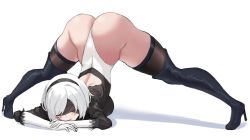 Rule 34 | 1girl, ass, black thighhighs, blindfold, boots, breasts, covered eyes, high heel boots, high heels, highres, jack-o&#039; challenge, leotard, nier:automata, nier (series), risenegi, short hair, simple background, skindentation, solo, thighhighs, thighs, top-down bottom-up, white hair, 2b (nier:automata)