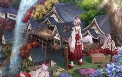 Rule 34 | 6+girls, animal ears, architecture, bag, black skirt, black wings, blue flower, board game, brown wings, building, commentary request, day, detached sleeves, east asian architecture, flower, flying, food, geta, hakama, hakama short skirt, hakama skirt, hat, head rest, highres, himekaidou hatate, holding, holding sword, holding weapon, house, inubashiri momiji, japanese clothes, light rays, long sleeves, looking at viewer, lying, multiple girls, nagi (xx001122), nature, on side, outdoors, pillow, pleated skirt, pom pom (clothes), pot, red eyes, red footwear, red hat, red skirt, rice, shameimaru aya, sheath, sheathed, shogi, short hair, shoulder bag, silver hair, sitting, skirt, standing, sunbeam, sunlight, sword, tabi, tail, tengu, tengu-geta, tokin hat, touhou, tree, water, waterfall, weapon, white legwear, wide sleeves, wings, wolf ears, wolf tail
