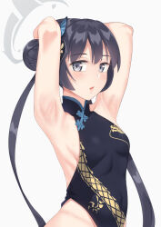 Rule 34 | 1girl, absurdres, armpits, arms behind head, arms up, bare shoulders, black dress, black gloves, black hair, blue archive, blue eyes, braid, braided bun, breasts, butterfly hair ornament, china dress, chinese clothes, double bun, dragon print, dress, gloves, grey eyes, hair bun, hair ornament, halo, highres, kisaki (blue archive), long hair, looking at viewer, open mouth, pelvic curtain, print dress, ryouya, short dress, side slit, sleeveless, sleeveless dress, small breasts, solo, twintails
