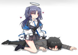 Rule 34 | 1boy, 1girl, black hair, black halo, blue archive, blue archive the animation, blush, breasts, collared shirt, cyberdemon no3, formal, grey suit, halo, highres, id card, jacket, jacket partially removed, large breasts, long hair, long sleeves, mechanical halo, necktie, purple hair, sensei (blue archive), sensei (blue archive the animation), shirt, simple background, skirt, suit, triangle hair ornament, two side up, white shirt, yuuka (blue archive)