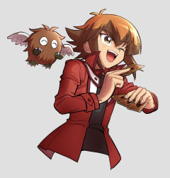 Rule 34 | 1boy, ;d, black shirt, brown eyes, brown hair, card, commentary request, duel monster, grey background, hair between eyes, hands up, holding, holding card, jacket, koma yoichi, kuriboh, long sleeves, male focus, one eye closed, open clothes, open jacket, open mouth, popped collar, red jacket, shirt, smile, teeth, tongue, upper body, upper teeth only, yu-gi-oh!, yuki judai