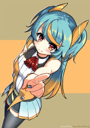Rule 34 | 1girl, aqua hair, ascot, carillus, choker, from above, highres, index finger raised, long hair, looking at viewer, looking up, multicolored hair, original, pleated skirt, pointing, red eyes, simple background, skirt, smile, solo, thighhighs, two-tone hair, two side up, zettai ryouiki