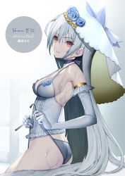 Rule 34 | 1girl, :q, armpits, ass, bare shoulders, bed sheet, black choker, black panties, blue flower, blue hair, blue rose, blush, breasts, bustier, character name, choker, cleavage, closed mouth, collarbone, commentary request, elbow gloves, flower, frilled gloves, frills, girls&#039; frontline, gloves, hair between eyes, hat, long hair, looking at viewer, looking back, medium breasts, official alternate costume, on bed, panties, red eyes, rose, side-tie panties, sitting, smile, solo, straight hair, strap gap, takatou suzunosuke, tokarev (a couple&#039;s journey) (girls&#039; frontline), tokarev (girls&#039; frontline), tongue, tongue out, translation request, underwear, underwear only, untied panties, very long hair, water, wet, white gloves, white hat