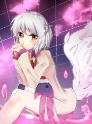 Rule 34 | 1girl, abe suke, blush, bow, bowtie, braid, brown eyes, brown jacket, closed mouth, doremy sweet, doremy sweet (baku), feathered wings, french braid, from side, grey hair, hat, interlocked fingers, jacket, kishin sagume, looking at viewer, nightcap, open clothes, open jacket, own hands together, red neckwear, short hair, single wing, sitting, smile, touhou, white wings, wings