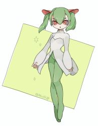 Rule 34 | 1girl, :o, breasts, creatures (company), dress, floating, game freak, gen 3 pokemon, green hair, green pantyhose, hair behind ear, highres, kirlia, nintendo, open hands, open mouth, pantyhose, personification, pokemon, red eyes, shimijimi, sleeves past wrists, small breasts, solo, twintails, twitter username, white dress