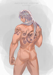Rule 34 | 1boy, arm tattoo, ass, back, back tattoo, blind, braid, facial hair, facial mark, from behind, jojo no kimyou na bouken, jongalli a, long hair, looking at viewer, looking back, male focus, muscular, nude, solo, stone ocean, stubble, tattoo, twomix, white hair
