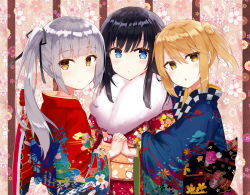 Rule 34 | 3girls, alternate costume, asashio (kancolle), black hair, black ribbon, blue eyes, blush, brown eyes, closed mouth, commentary, double bun, floral background, floral print, food, fur collar, grabbing another&#039;s hand, hair between eyes, hair bun, hair flaps, hair ribbon, japanese clothes, kantai collection, kasumi (kancolle), kimono, light brown hair, long hair, looking at viewer, md5 mismatch, michishio (kancolle), multiple girls, obi, open mouth, resolution mismatch, ribbon, sash, short hair, short twintails, side ponytail, silver hair, smile, source smaller, twintails, wide sleeves, yellow eyes, zhiyou ruozhe