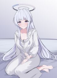 Rule 34 | 1girl, 4jiri, absurdres, barefoot, blue archive, blunt bangs, halo, hand on own thigh, highres, lap pillow invitation, long hair, looking at viewer, loungewear, mechanical halo, noa (blue archive), official alternate costume, pajamas, purple eyes, seiza, sitting, smile, white hair, white halo