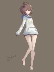 Rule 34 | 10s, 1girl, 2016, absurdres, arms at sides, bare legs, barefoot, brown background, brown hair, character name, dated, full body, gluteal fold, hatano kokoro, headgear, highres, hood, hood down, hoodie, kantai collection, light smile, long sleeves, looking at viewer, no pants, panties, pantyshot, pom pom (clothes), short hair, simple background, solo, standing, toes, underwear, white panties, yellow eyes, yukikaze (kancolle)