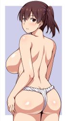 Rule 34 | 10s, 1girl, ao banana, ass, back, bad id, bad twitter id, blush, breasts, brown eyes, brown hair, butt crack, female focus, fundoshi, highres, japanese clothes, kaga (kancolle), kantai collection, large breasts, looking at viewer, looking back, short hair, side ponytail, simple background, solo, topless
