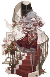 Rule 34 | 1girl, ahoge, commission, dress, fishnet pantyhose, fishnets, floral print, flower, frilled dress, frills, gelili366, grey hair, hair ornament, hairclip, highres, lantern, long hair, looking at viewer, original, pantyhose, parted lips, plant, potted plant, red dress, red eyes, red flower, red footwear, red rose, rose, shoes, sidelocks, simple background, solo, spiral staircase, stairs, table, white background, window
