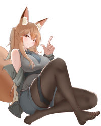 Rule 34 | 1girl, :3, absurdres, animal ear fluff, animal ears, arknights, bare shoulders, black necktie, black pantyhose, black shirt, black shorts, blush, brown hair, fox ears, fox girl, fox tail, franka (arknights), full body, hair between eyes, hand up, highres, index finger raised, knee up, lahz52, long hair, looking at viewer, necktie, pantyhose, ponytail, red eyes, shirt, shorts, sidelocks, simple background, sitting, skindentation, sleeveless, sleeveless shirt, solo, tail, thigh strap, white background