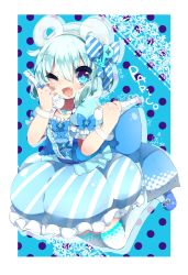 Rule 34 | 1girl, absurdres, bad id, bad pixiv id, blue eyes, blue hair, bow, food, hair bow, hairband, highres, kaenuco, one eye closed, open mouth, papico (ice cream), popsicle, ribbon, short hair, smile, wink
