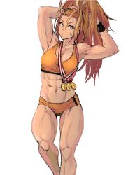 Rule 34 | 1girl, 6maker, abs, absurdres, captain mizuki, cowboy shot, highres, long hair, medal, muscular, muscular female, one-punch man, pink eyes, ponytail, solo, wristband