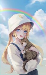Rule 34 | 1girl, animal, animal hands, bbony 0 0, blonde hair, blue eyes, blush, cat, cat tail, cloud, commission, denim, hat, highres, holding, holding animal, long hair, long sleeves, looking at viewer, low twintails, original, rainbow, renmou, sunlight, tail, twintails