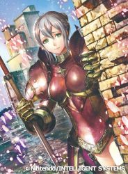 Rule 34 | 1girl, armor, boobplate, breastplate, brick wall, couter, crack, cracked wall, crossed bangs, effie (fire emblem), fire emblem, fire emblem cipher, fire emblem fates, green eyes, hair between eyes, hair bun, holding, holding polearm, holding weapon, looking at viewer, momose hisashi, nintendo, official art, pink armor, polearm, single hair bun, weapon