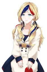 Rule 34 | 1girl, alternate hairstyle, beret, black ribbon, black skirt, blonde hair, blue eyes, blue hair, collarbone, commandant teste (kancolle), hair ribbon, hat, jacket, kantai collection, long hair, long sleeves, low twintails, morinaga miki, multicolored hair, pleated skirt, pom pom (clothes), red hair, ribbon, simple background, skirt, solo, streaked hair, twintails, white background, white hair, white jacket