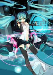 Rule 34 | 1girl, absurdres, aqua eyes, aqua hair, bad id, bad pixiv id, bare shoulders, belt, breasts, detached sleeves, elbow gloves, female focus, fingerless gloves, gloves, hatsune miku, hatsune miku (append), headset, highres, jong tu, long hair, navel, necktie, smile, solo, thighhighs, twintails, very long hair, vocaloid, vocaloid append