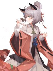 Rule 34 | 1girl, ahoge, animal ears, arknights, blue bow, blue eyes, blush, bow, closed mouth, collared dress, commentary request, dango, dress, food, grey hair, hair bun, hair ribbon, hand up, highres, holding, holding food, korean commentary, long sleeves, looking away, looking to the side, mint (arknights), mint (tsukiyoi) (arknights), puffy long sleeves, puffy sleeves, red ribbon, ribbon, ribbon-trimmed sleeves, ribbon trim, simple background, soda (sod4), solo, wagashi, white background, white dress, wide sleeves