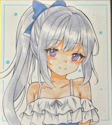 Rule 34 | 1girl, bare shoulders, blue archive, blue bow, blue one-piece swimsuit, blush, bow, breasts, closed mouth, collarbone, commentary request, dakkusu, frilled one-piece swimsuit, frills, grey hair, hair between eyes, hair bow, highres, long hair, looking at viewer, marker (medium), medium breasts, miyako (swimsuit) (blue archive), off-shoulder one-piece swimsuit, off shoulder, one-piece swimsuit, photo (medium), ponytail, purple eyes, smile, solo, swimsuit, traditional media, upper body