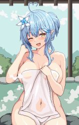 Rule 34 | 1girl, adjusting hair, ahoge, aqua hair, bare shoulders, blue sky, blush, breasts, cleavage, cloud, cloudy sky, collarbone, commentary, covered navel, covering privates, cowboy shot, day, flower, hair between eyes, hair flower, hair ornament, hands up, heart, heart ahoge, highres, holding, holding towel, hololive, large breasts, looking at viewer, multicolored hair, nude, one eye closed, onsen, open mouth, outdoors, pixel art, pointy ears, see-through, short hair, sitting, sky, smile, solo, steam, streaked hair, symbol-only commentary, towel, tower, virtual youtuber, wet, white flower, yellow eyes, yukihana lamy, zou eita