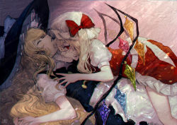 Rule 34 | 2girls, apron, black hat, black vest, bow, chromatic aberration, closed eyes, commentary request, crystal, flandre scarlet, frilled apron, frilled skirt, frills, hat, hat bow, highres, kirisame marisa, lying, lying on person, mob cap, mochacot, multiple girls, on back, open mouth, profile, puffy short sleeves, puffy sleeves, red bow, red eyes, red skirt, red vest, short sleeves, skirt, skirt set, touhou, vampire, vest, wavy hair, white apron, white bow, white hat, wings, witch hat, yuri