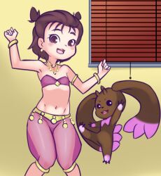 Rule 34 | 1girl, :3, armlet, belly dancer, window blinds, blush, bracelet, brown eyes, brown fur, brown hair, dancer, digimon, digimon tamers, double bun, drantyno, earrings, flat chest, hair bun, harem outfit, highres, jewelry, jumping, lee shaochung, looking at viewer, lopmon, midriff, navel, necklace, open mouth, pants, purple pants, purple shirt, shirt, short hair, smile, standing, strapless, teeth, tube top, window