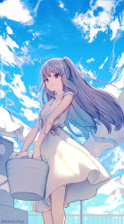 Rule 34 | 1girl, absurdres, bandages, bandaid, bandaid on arm, bow, bucket, closed mouth, cloud, collared dress, commentary request, dress, from below, grey hair, highres, holding, holding bucket, idolmaster, idolmaster shiny colors, kneeichigo, laundry, laundry basket, long hair, looking at viewer, medium dress, red eyes, rooftop, sky, sleeveless, sleeveless dress, smile, solo, standing, twintails, waist bow, white dress, yukoku kiriko