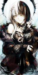 Rule 34 | 1girl, absurdres, black choker, black coat, black dress, black hair, black nails, breasts, choker, closed mouth, coat, collarbone, dress, fur-trimmed coat, fur trim, highres, hololive, hololive english, jewelry, kyoko (zeprii4), lace, lace choker, large breasts, looking at viewer, multicolored hair, multiple rings, nail polish, open clothes, open coat, painting (medium), ring, shiori novella, shiori novella (1st costume), smile, solo, split-color hair, traditional media, upper body, virtual youtuber, watercolor (medium), white hair, yellow eyes