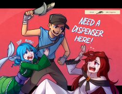 Rule 34 | 1boy, 2girls, black eyes, black headwear, blu scout (tf2), blue eyes, blue hair, brown hair, collarbone, commentary, crossover, dress, english commentary, english text, fangs, fins, fish, frilled sleeves, frills, green kimono, hat, head fins, headset, holy mackerel, imaizumi kagerou, japanese clothes, kimono, long bangs, long hair, mermaid, monster girl, multiple girls, nail polish, open mouth, red eyes, red nails, scared, scout (tf2), shirt grab, speckticuls, sweat, team fortress 2, tears, teeth, touhou, wakasagihime, white dress, wide sleeves, wrist wrap