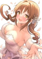 Rule 34 | 1girl, absurdres, armpits, b1ack illust, bare shoulders, blush, breasts, brown hair, cleavage, collarbone, commentary request, commission, dress, falling petals, foreshortening, highres, idolmaster, idolmaster cinderella girls, large breasts, looking at viewer, petals, pixiv commission, reaching, reaching towards viewer, smile, solo, totoki airi, twintails, white dress