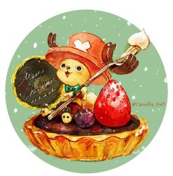 Rule 34 | (o) (o), :3, :d, akagi shun, antlers, black eyes, bow, bowtie, brown shorts, commentary request, dated, english text, food, food focus, fork, fruit, furry, hat, holding, horns, horns through headwear, in food, looking up, merry christmas, mini person, miniboy, one piece, open mouth, raspberry, red hat, reindeer antlers, shorts, sitting, smile, snow, strawberry, tart (food), tony tony chopper, topless male