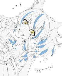 Rule 34 | 1girl, animal ears, blue nails, daitaku helios (umamusume), double v, ear covers, fang, greyscale, hair ornament, hairclip, horse ears, leaning to the side, liu xiaolu, long hair, looking at viewer, monochrome, nail polish, notice lines, open mouth, pleated skirt, puffy short sleeves, puffy sleeves, sailor collar, shirt, short sleeves, side ponytail, skin fang, skirt, smile, solo, spot color, umamusume, v, yellow eyes
